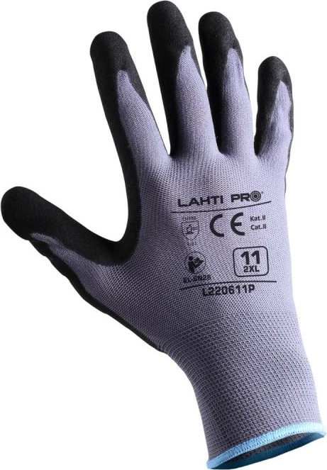 Dorëza pune LAHTI PRO L220608K, veshje nitrile me kapje të teksturuar, rezistente ndaj vajrave/yndyrnave, manshetë elastike, nr. 11 (2XL), gri-zi