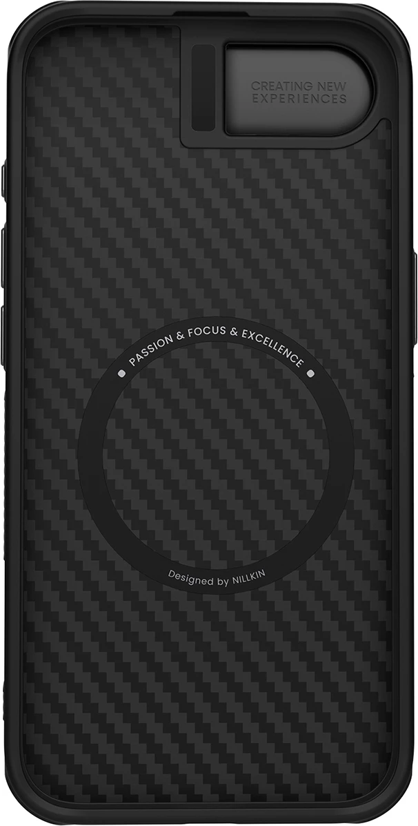 Mbështjellës Nillkin CarboProp Magnetic për iPhone 16e/17e, me MagSafe, mbulesë kamere + stand, i zi