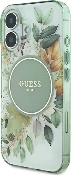 Mbështjellës Guess IML Flower & Tonal Circle MagSafe për iPhone 16 Plus, Gjelbër