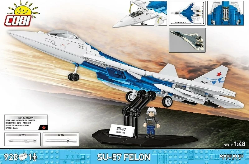 Set blloqe ndërtimi, Cobi, COBI-5909 SU-57 Felon 1:48, 928 copa, me figurë piloti dhe bazë ekspozimi, plastikë, kamuflazh blu-bardhë