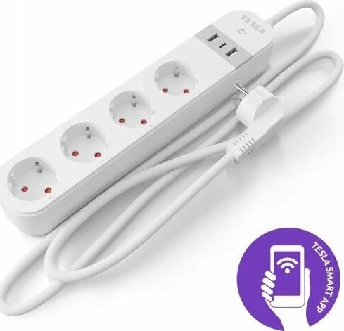 Zgjatës prizash smart Tesla PS300 TSL-SPL-SPS300, 4x Schuko + 3x USB, Wi‑Fi, kabllo 2 m, bardhë