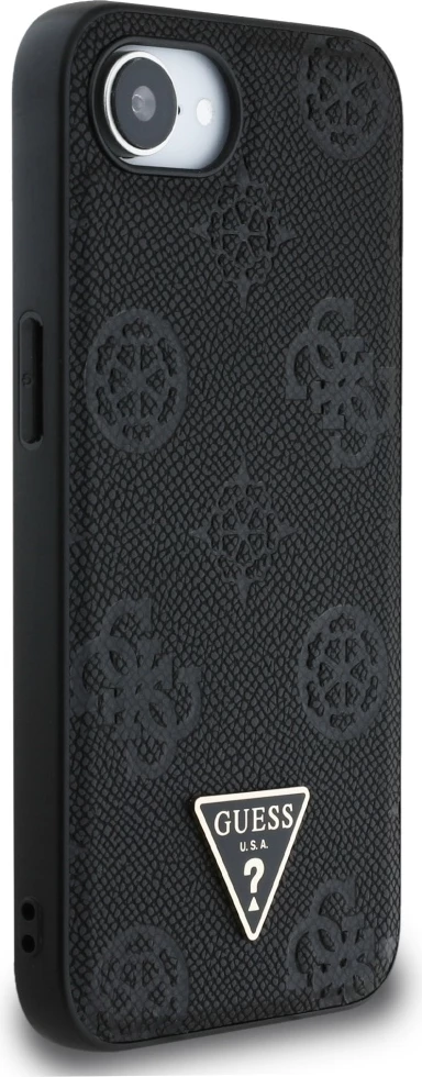 Mbështjellës Guess Grained Hot Stamp Peony Triangle Logo MagSafe për iPhone 16e, i zi