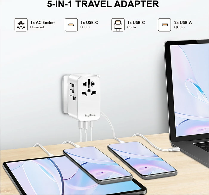 Karikues udhëtimi LogiLink 70W GaN, 4 porta (2x USB-A QC, 2x USB-C PD), i bardhë
