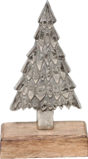 Dekor pemë Krishtlindjesh, alumin argjendtë, bazë dru mango, 11x5x14cm