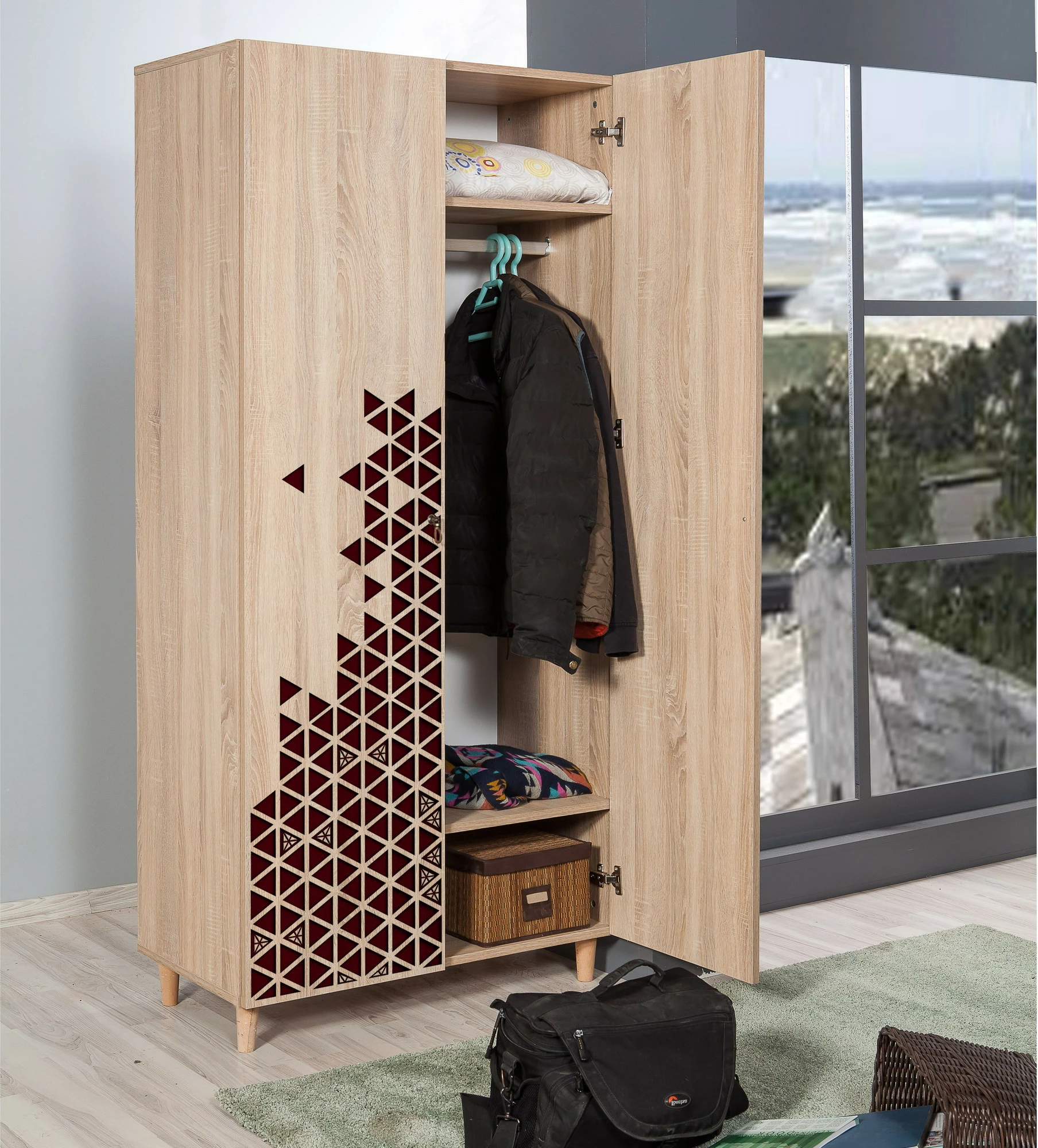 Dollap modern, ngjyrë sonoma oak, këmbë druri, doreza metalike e litar, Stil - 122, Skye Decor, 90x192x52cm