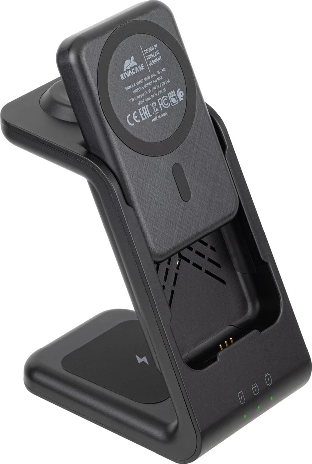 Stacion karikimi wireless 3-në-1 MagSafe RIVACASE VA4917, 15W, bateri magnetike 5000mAh, adapter 20W, i zi