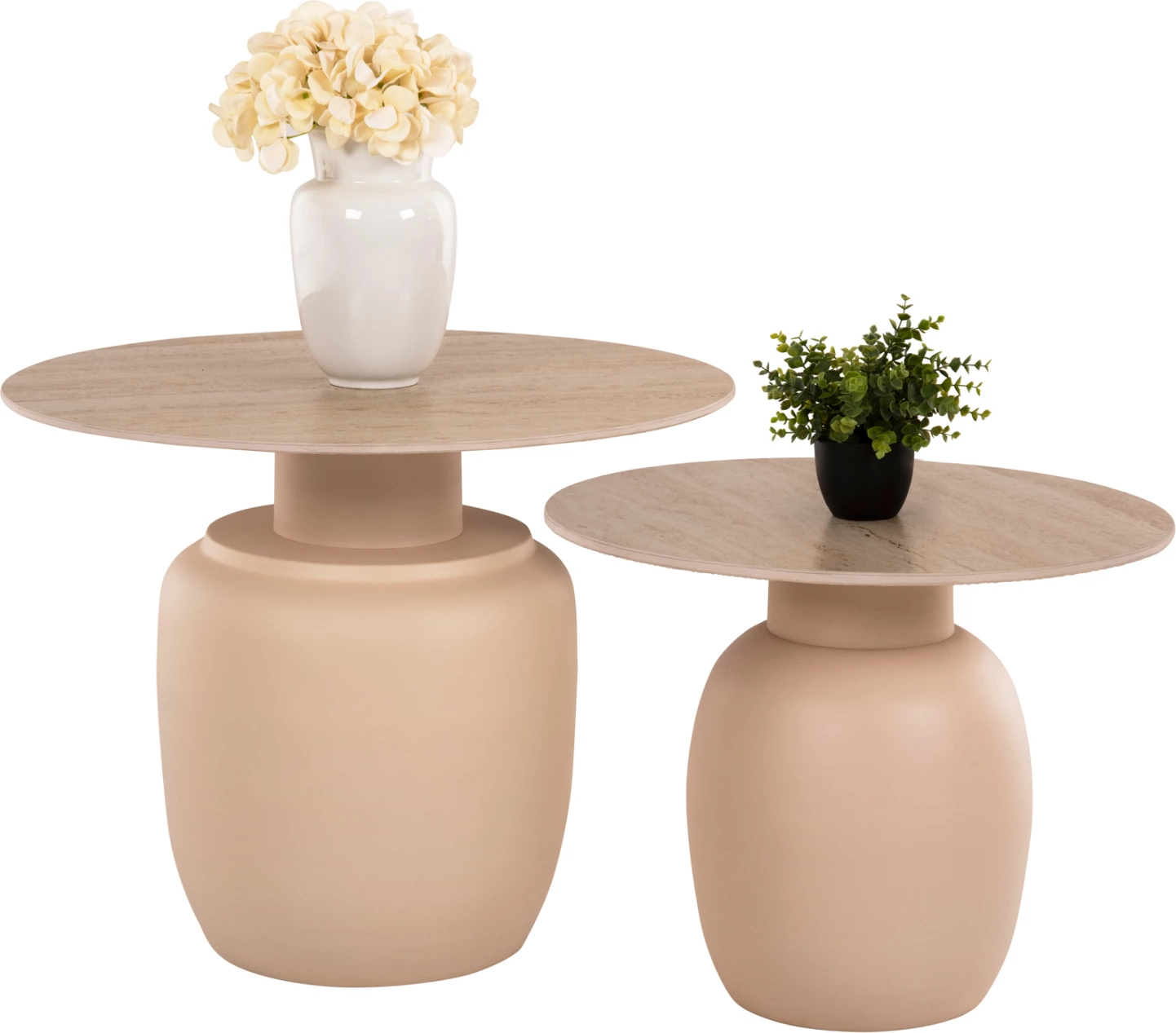 Tavolina anësore 2 copë FEREN FH9664 metalike me sipërfaqe qeramike ngjyrë fildishi Φ60 & Φ50cm