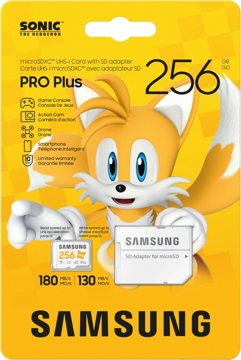 MicroSDXC Samsung PRO Plus Sonic Tails 256GB, UHS-I, A2, U3, V30, bardhë