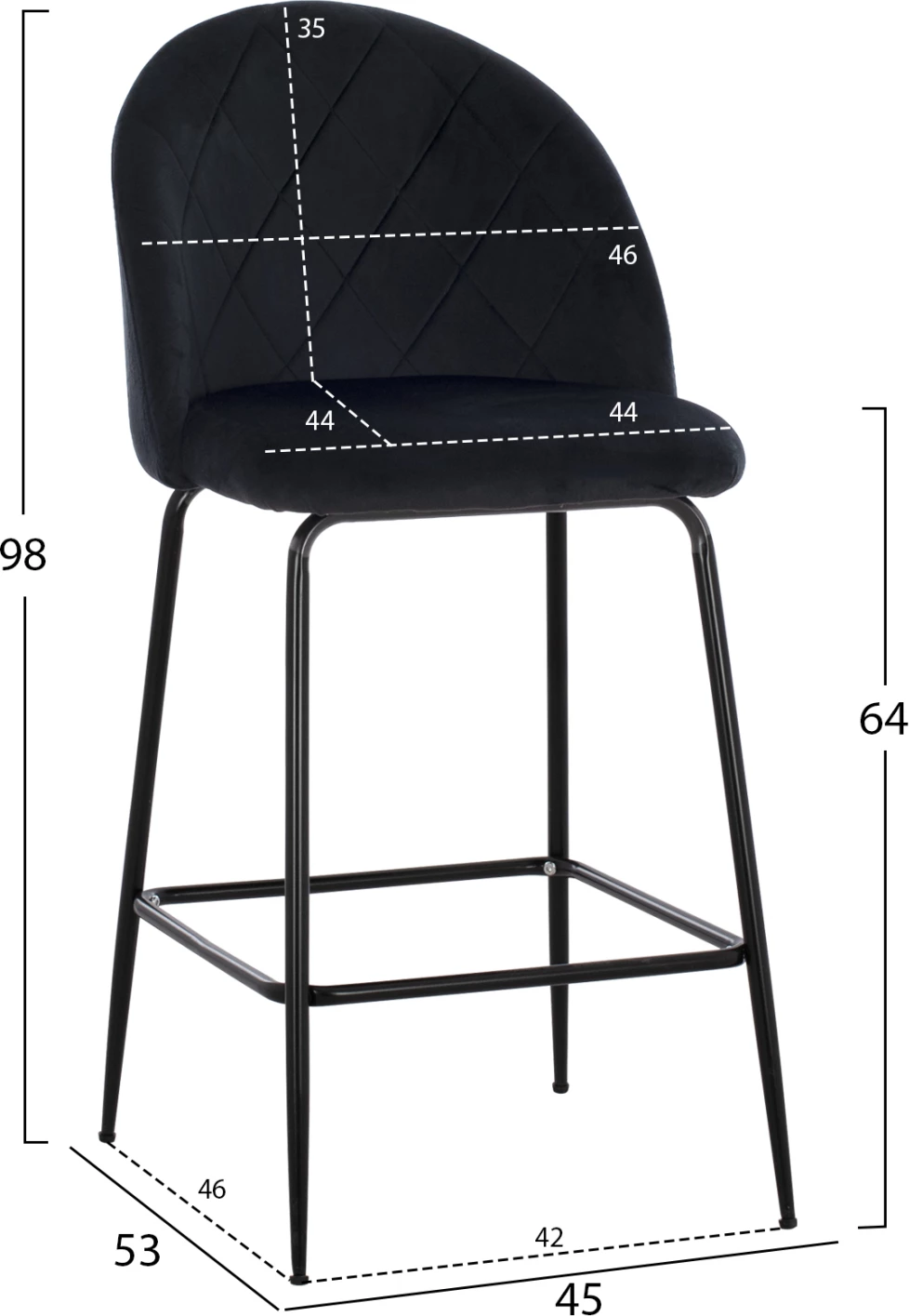 Karrige për bar, ODED, lartësi mesatare, FH8732.14, këmbë metalike & kadife e zezë, 45x53x98 cm, set prej 2 copë