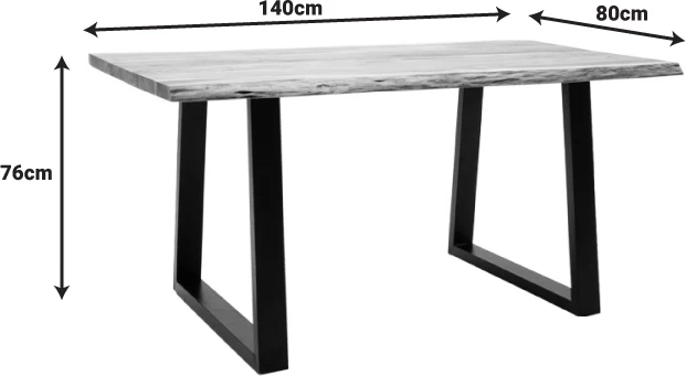 Tavolinë Miles dru akacie masiv, ngjyrë natyrale, këmbë metali të zeza, 140x80x76cm