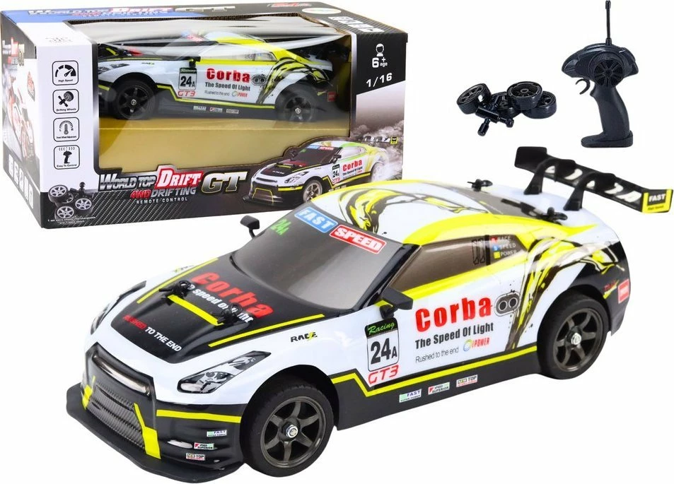 Vetura me telekomandë LeanToys RC Drift 1:16, 2.4 GHz, rrota të ndërrueshme, e bardhë-verdhë, set me rrota rezervë