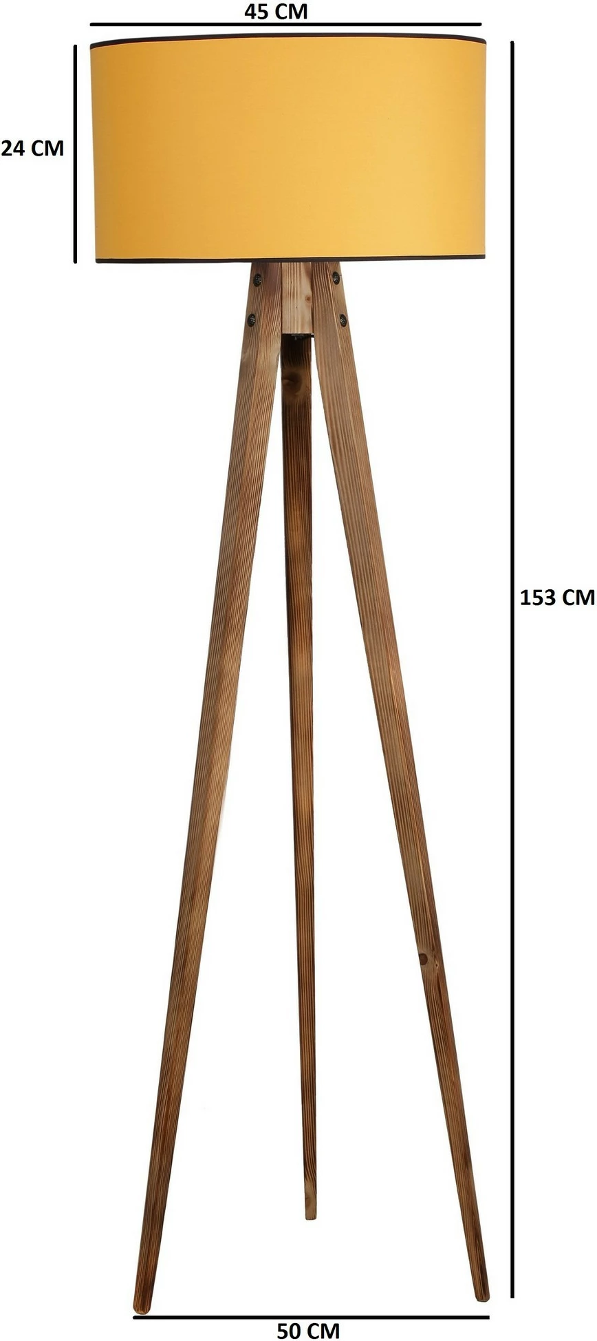 Llambë dyshemeje tripod, trup druri, abazhur cilindrik ngjyrë mustard, Opviq Yanık