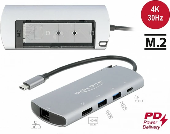Docking station USB-C DeLOCK me slot M.2, 4K HDMI, 2x USB-A 3.2 Gen1, LAN Gigabit, PD 100W, gri