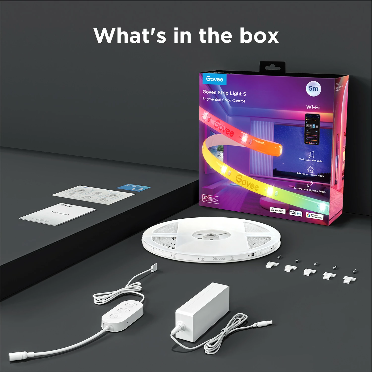 Shirit LED Govee Strip Light S, 5 m, Wi‑Fi/Bluetooth, Matter Ready, 16M ngjyra, i bardhë