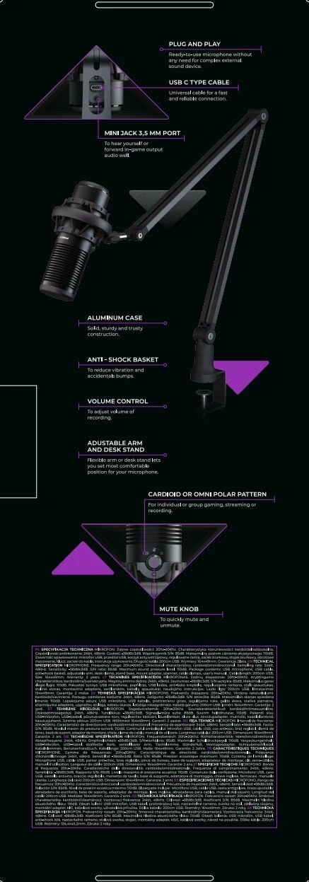 Mikrofon PREYON Stork Scream PSS43B, USB, cardioid/omnidirectional, me krah montimi, i zi, set