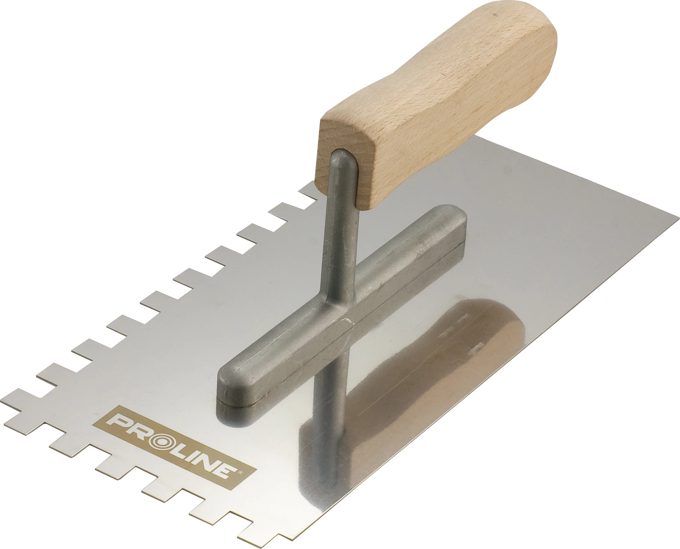 Spatulë dhëmbëzuar PROLINE 61534 270x130 mm, inoks, dhëmbë 10x10 mm, dorezë druri