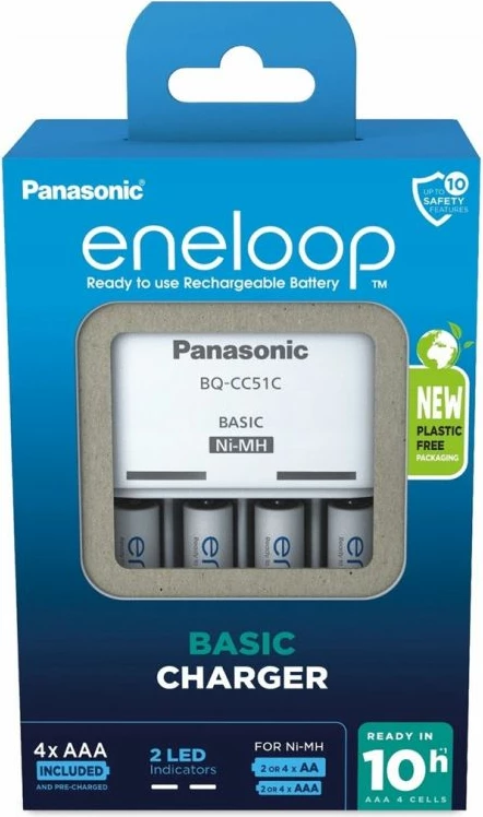 Karikues bazik Panasonic me 4 bateri AAA Eneloop 800 mAh, i bardhë