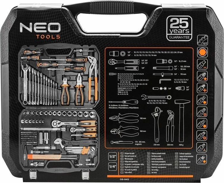 Set veglash Neo 08-945 143 copë (1/2\" & 1/4\"), portokalli/zezë, në valixhe