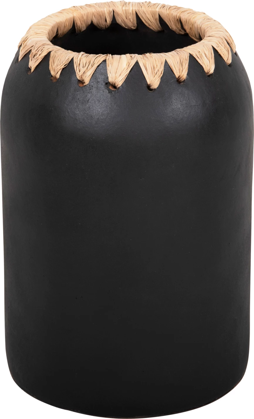 Vazo dekorative FH4376 terrakote, ngjyrë bardhë, me thurje kashte në buzë, Φ21Χ32H cm