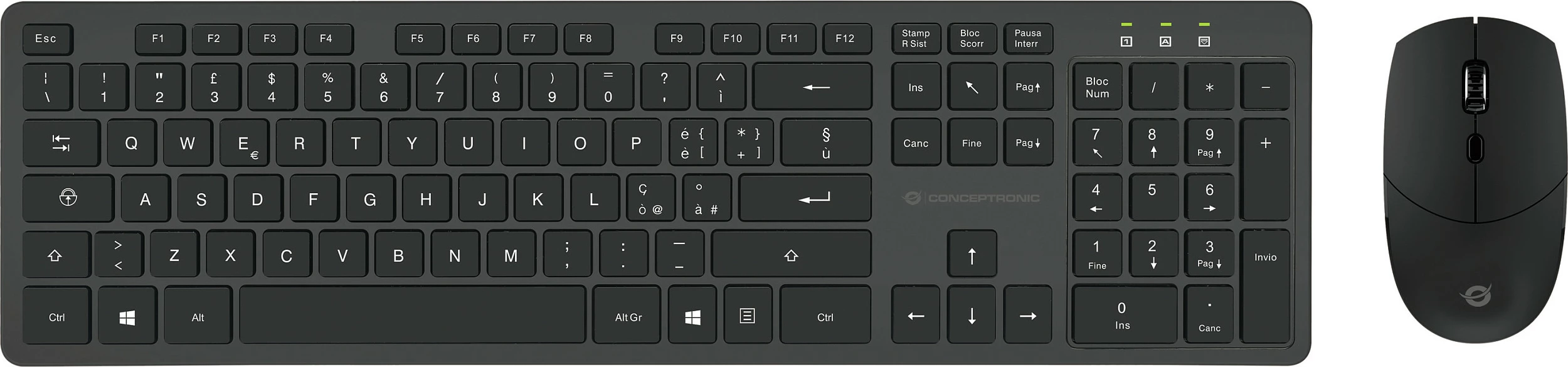 Set tastierë wireless Conceptronic me maus, QWERTY italian, 105 taste, 1600 DPI, e zezë