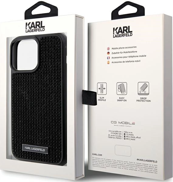 Mbështjellës Karl Lagerfeld Rhinestone Logo Metal Plate për iPhone 15 Pro Max, i zi