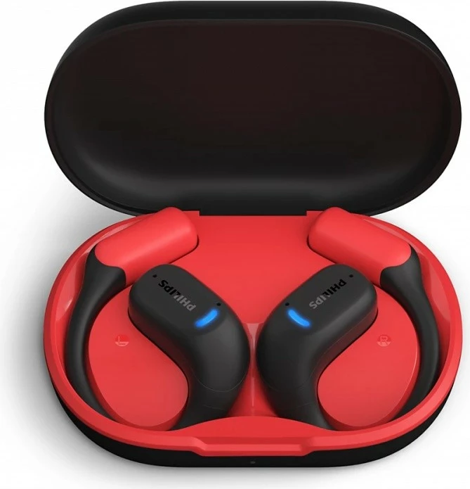 Kufje pa tela TWS, Philips TAA6709BK/00, open-ear sport me varëse mbi vesh, Bluetooth 5.4, IP55, deri 28h, USB‑C, e zezë/kuqe
