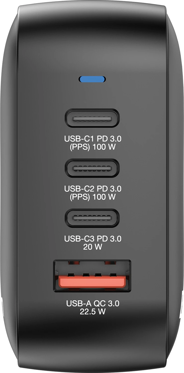 Karikues Verbatim Mini GaN 100W, 4 porta (3x USB-C PD, 1x USB-A QC), adaptorë EU/UK/US, i zi