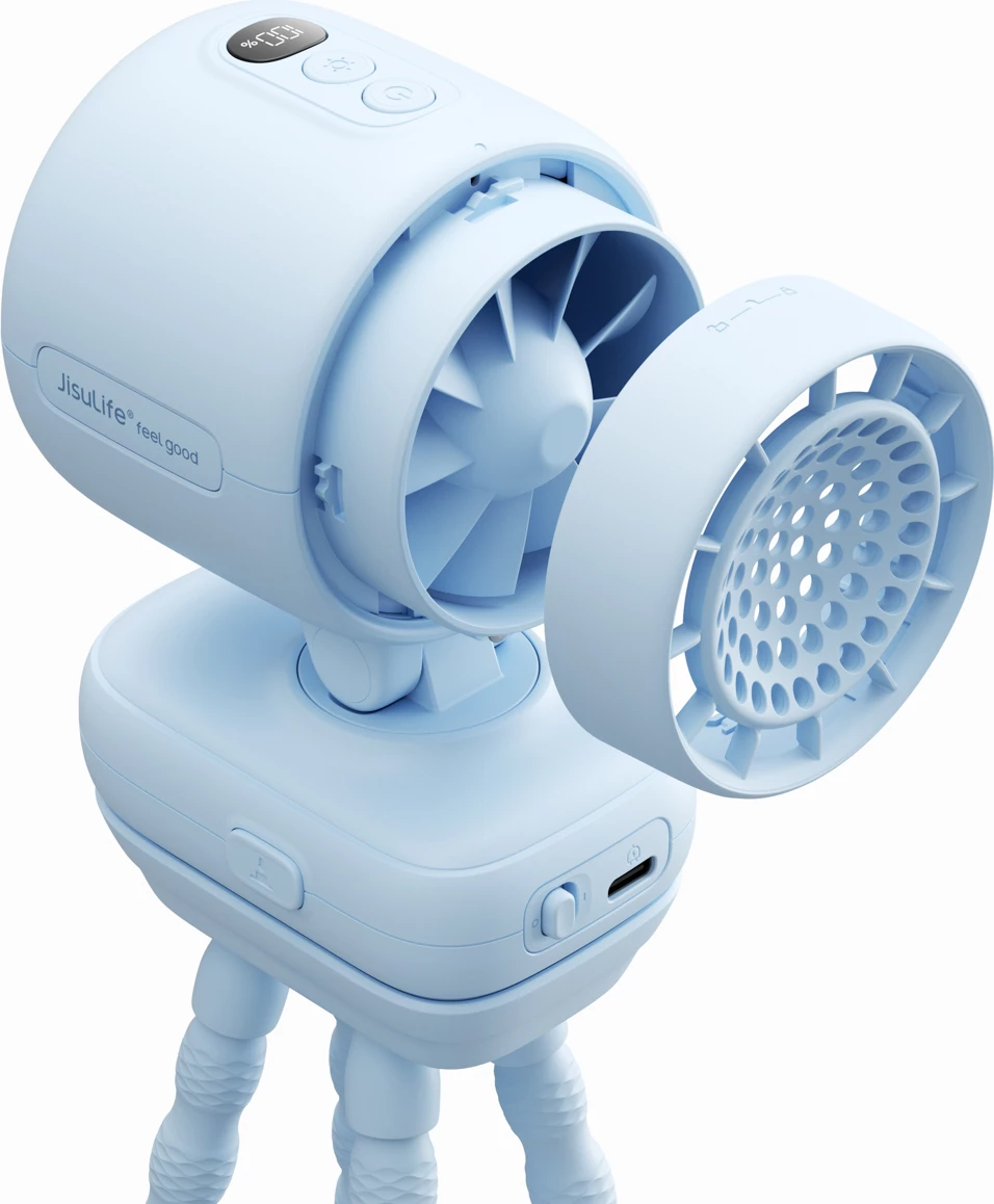 Ventilator mini për karrocë Jisulife Stroller Fan 4, bateri 5000mAh, tripod fleksibël, USB-C, me dritë nate, blu