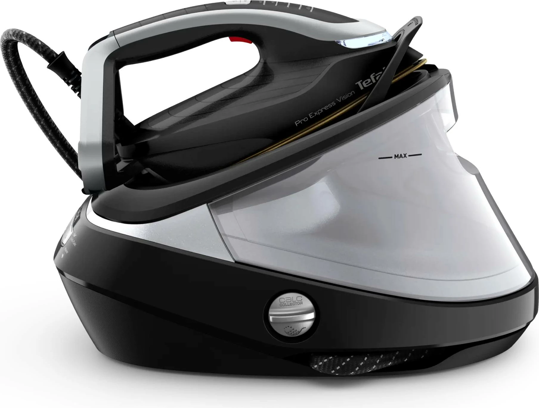 Hekur me stacion avulli, Tefal, GV9821E0 Pro Express, 9 bar, shtytje avulli 180 g/min + 800 g/min, dritë LED, kolektor gëlqereje i heqshëm, i zi