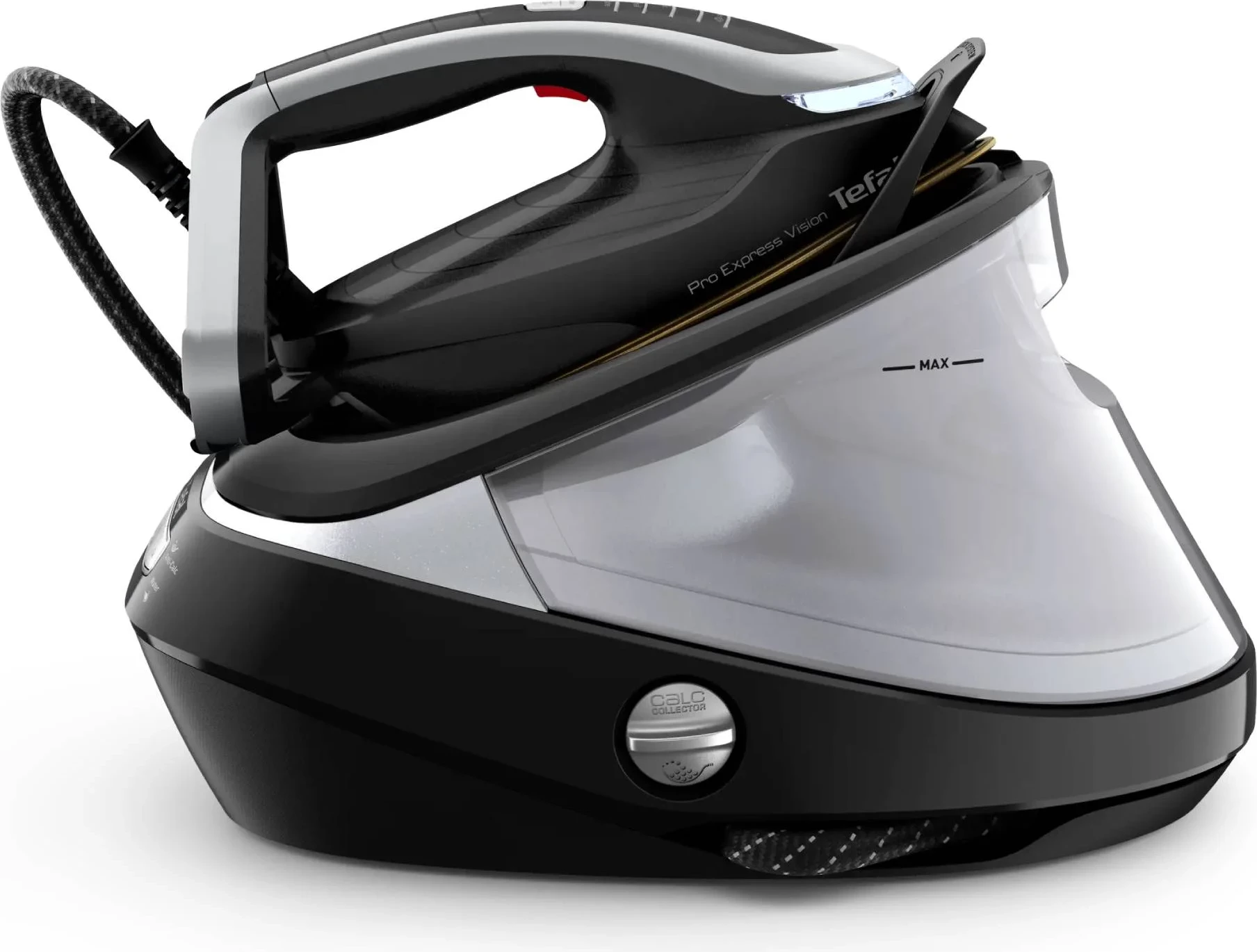 Hekur me stacion avulli, Tefal, GV9821E0 Pro Express, 9 bar, shtytje avulli 180 g/min + 800 g/min, dritë LED, kolektor gëlqereje i heqshëm, i zi