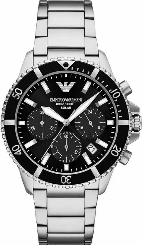 Orë dore meshkujsh Emporio Armani World Explorer AR11739, e zezë/argjendtë, set me kuti