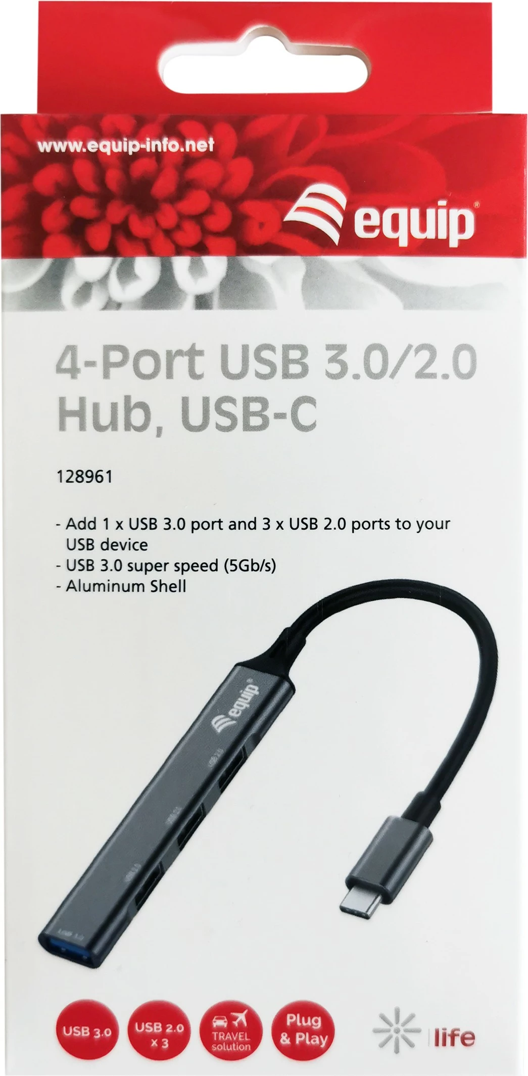 USB hub 4 porte Equip, USB 3.0/2.0, Type-C, alumini, zi/gri