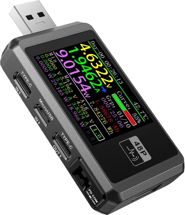 Tester USB FNIRSI FNB48P, 4–24 V, 0–6.5 A, 0–156 W, ekran 1.77\", i zi