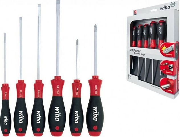 Set kaçavidash Wiha SoftFinish, 6 copë (PH1/PH2 & Slot 3.5/4.5/5.5/6.5), kuqe/zi