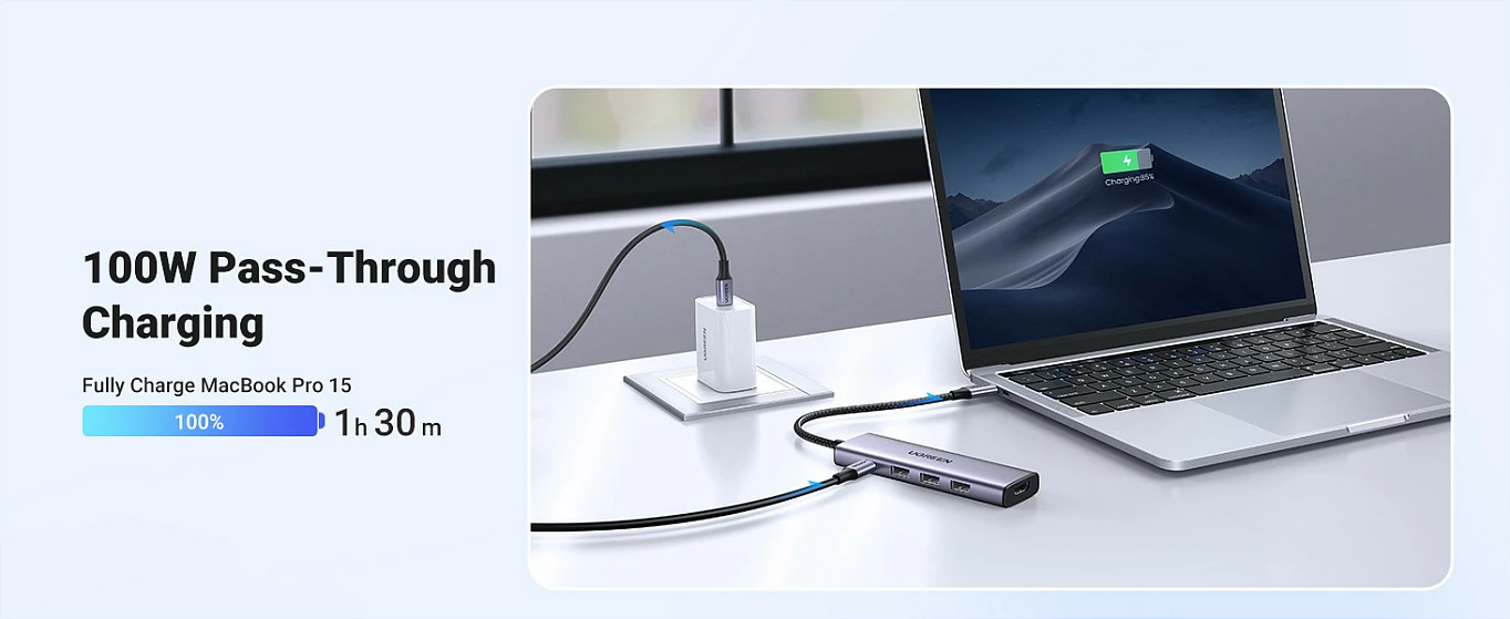 Hub USB-C Ugreen CM511, 6-në-1, HDMI 4K, 3x USB-A, lexues SD/TF, argjendtë