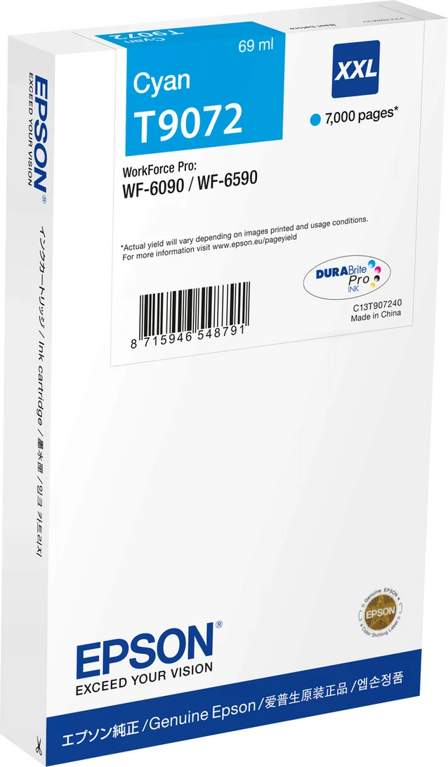 Bojë printeri, Epson, T9072 / C13T90724N, 69 ml, rendiment 7000 faqe, XXL, cyan