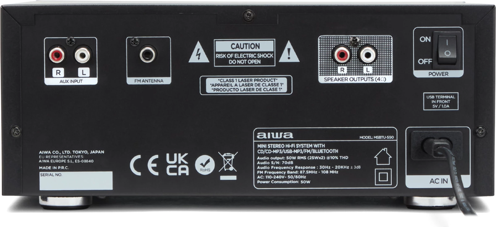 Sistem mini stereo Hi‑Fi Aiwa MSBTU-550 50W RMS me CD, Bluetooth 5.0, FM, USB, set me 2 altoparlantë, e zezë