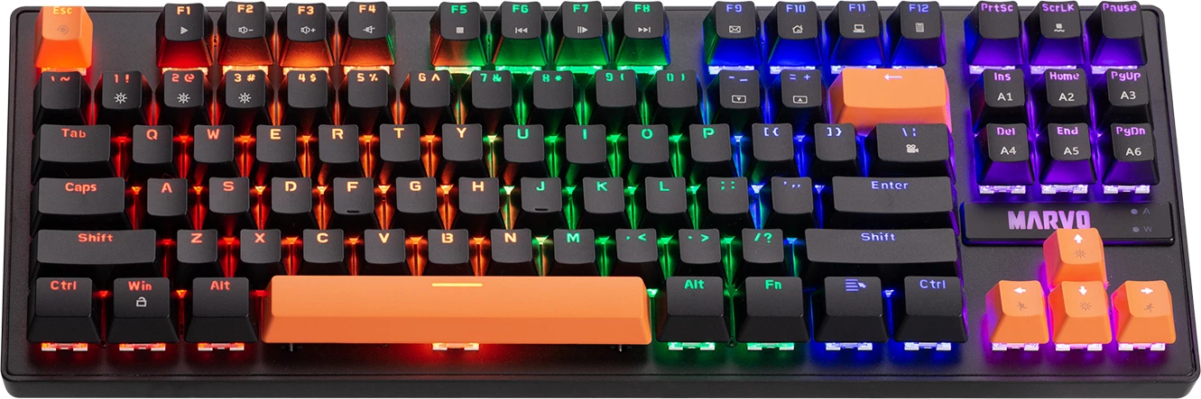Tastierë mekanike gaming Marvo KG901C EN KRONE 87, 87 taste, Blue Switch, ndriçim RGB, e zezë me taste portokalli