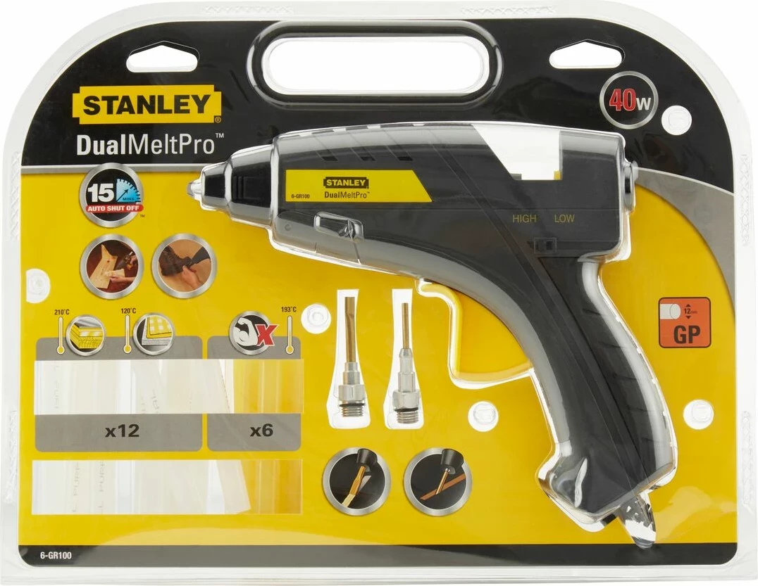 Pistoletë ngjitëse Stanley 6-GR100 Dual Melt 80W, për shkopinj 11.3 mm, me 18 shkopinj + 2 grykë, zezë/verdhe