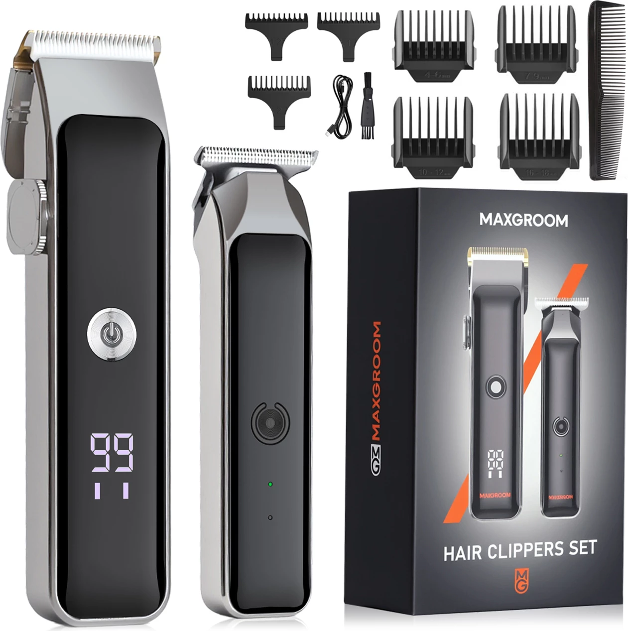 Makinë qethjeje MAXGROOM M608, motor 8500 rpm, USB-C, me ekran, set me trimmer + 7 krehra, e zezë
