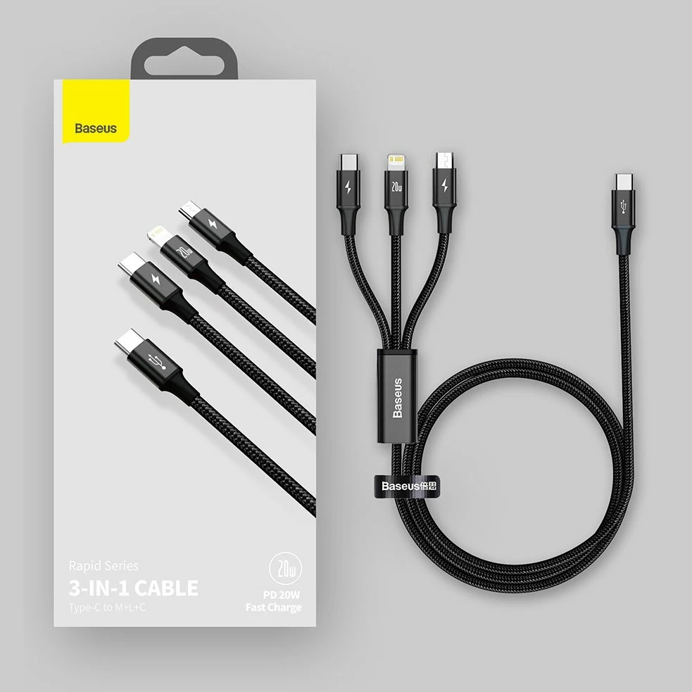 Kabllo 3-në-1 Baseus Rapid Series CAMLT-SC06, 1.5m, 20W, USB-C/Lightning/micro USB, e gjelbër