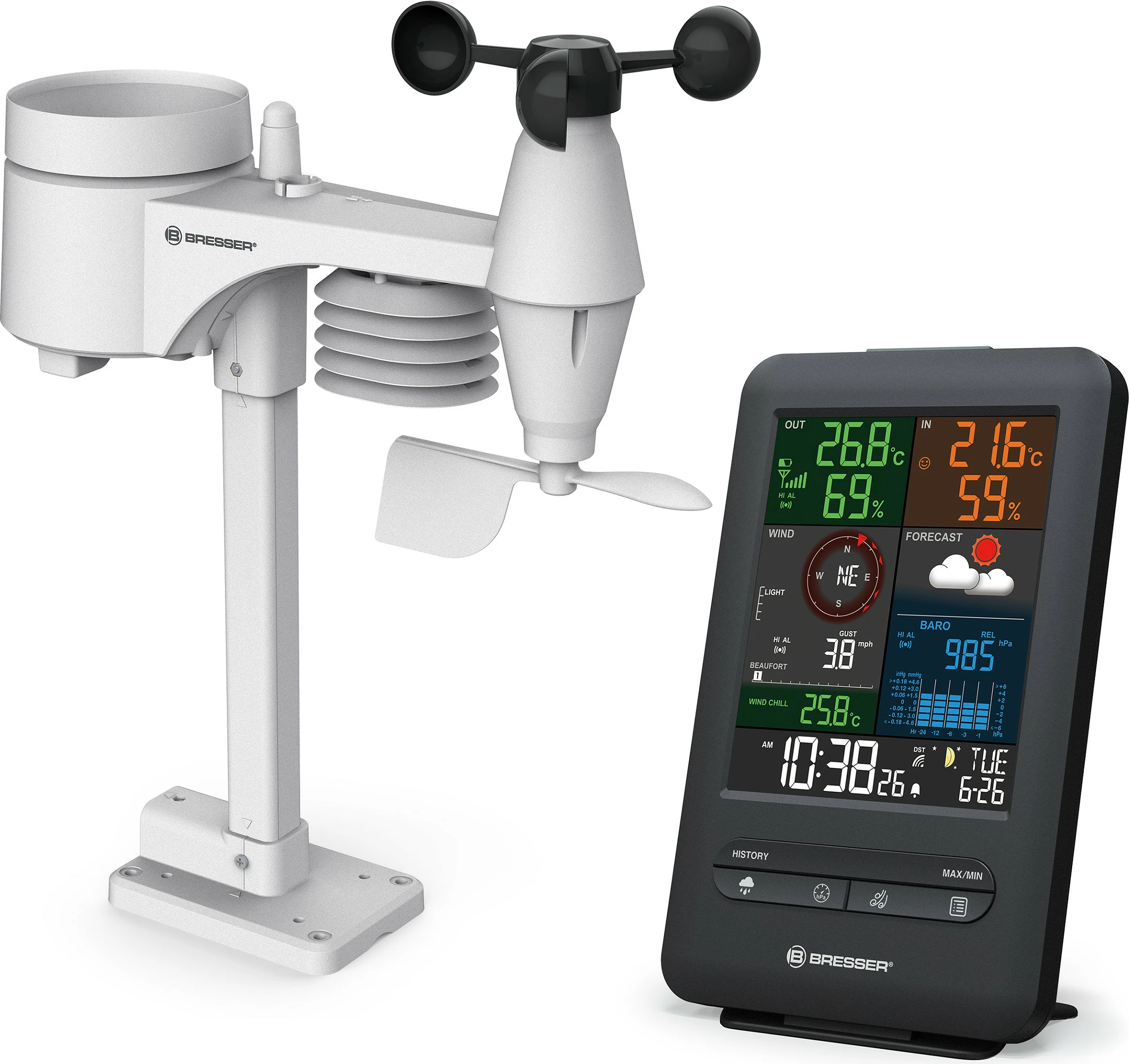 Stacion moti Bresser Wetter Center 5-in-1 Beaufort, digjital, me ekran ngjyrë