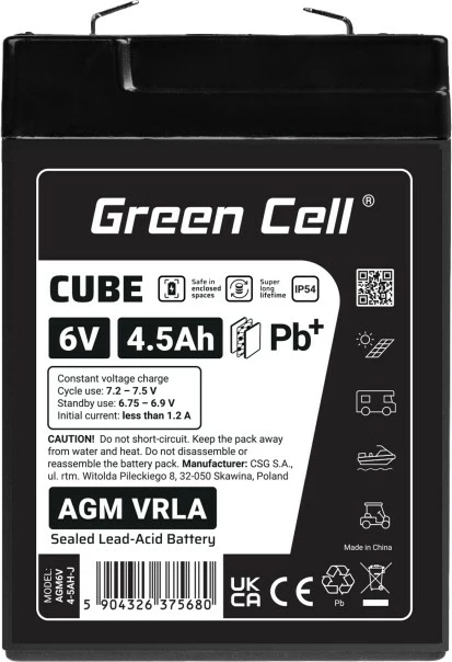 Bateri AGM VRLA, Green Cell, AGM6V4-5AH-J, 6V 4.5Ah IP54, e zezë