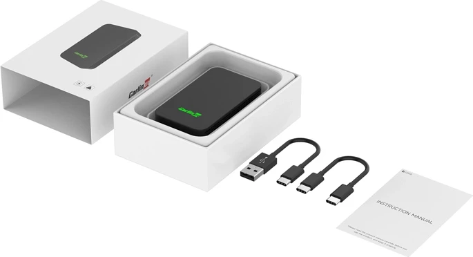 Adapter wireless CarPlay/Android Auto Carlinkit 2AIR-T, Bluetooth 5.2, Wi‑Fi 2.4/5 GHz, USB‑C, set me 2 kabllo USB dhe manual, e zezë