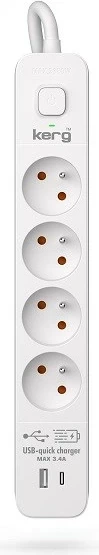 Prizë KERG M02592 me 4 dalje AC, 4 porta USB (3x USB-C + 1x USB-A), 16A, 1.5m, e bardhë