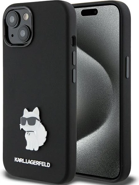 Mbështjellës Karl Lagerfeld Silicone Choupette Metal Pin për iPhone 15 Plus / 14 Plus, i zi