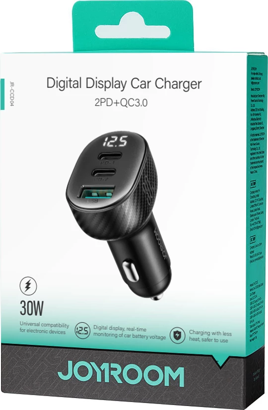 Karikues veture Joyroom JR-CCD04, 30W, 2x USB-C, USB-A, me ekran, i zi