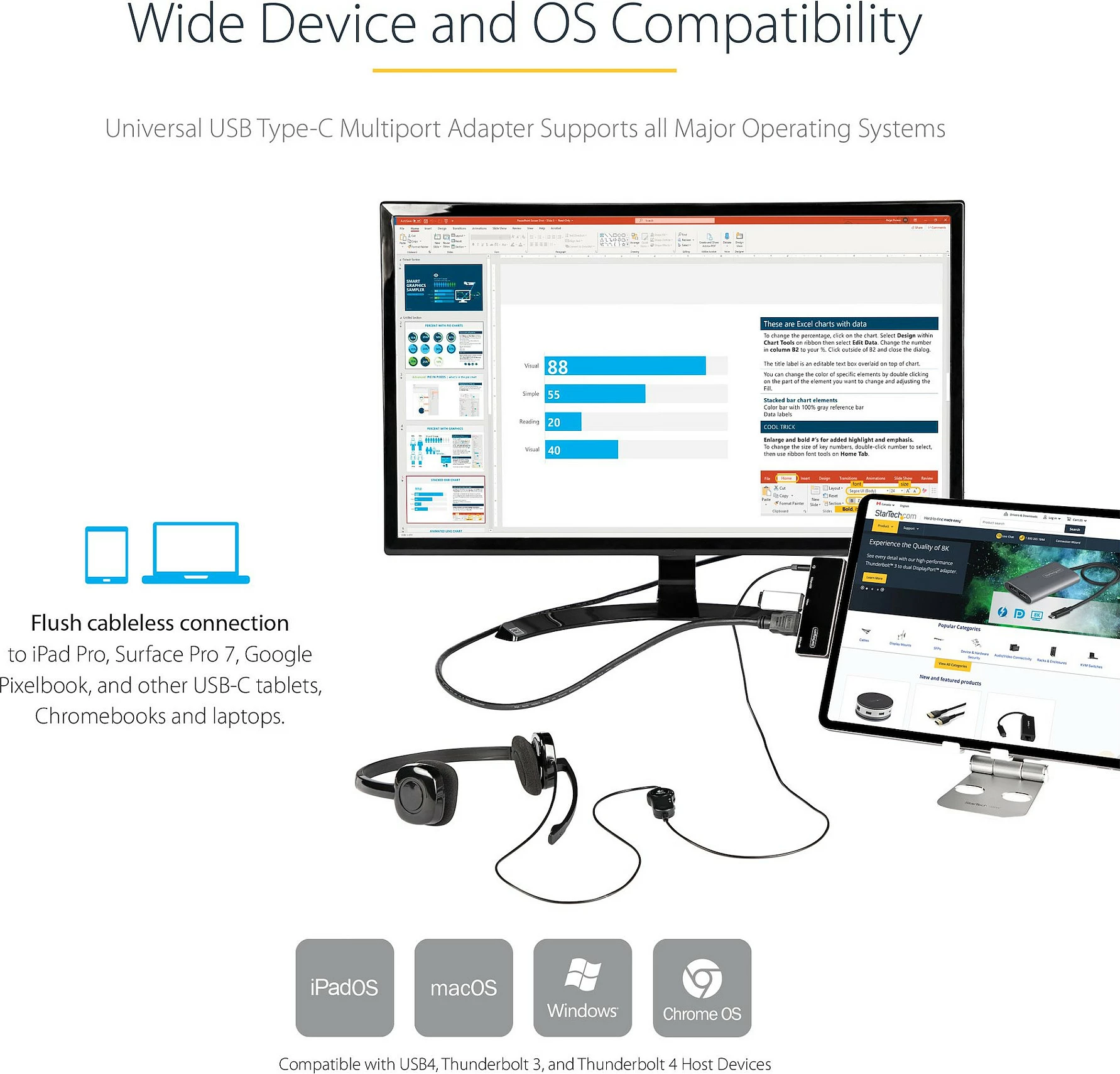 Adapter multiport USB-C StarTech DKT30ICHPD, HDMI 4K 60Hz, USB 3.0 Hub, Power Delivery 100W, Audio 3.5mm, i zi/argjendtë