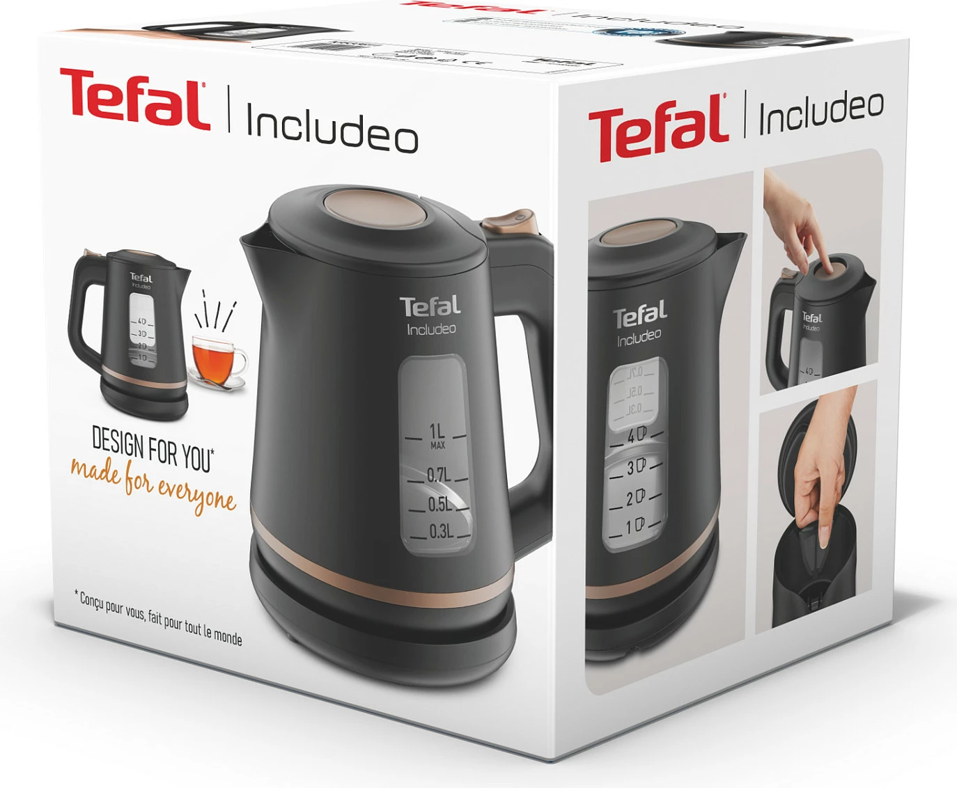 Çajnik elektrik Tefal Includeo, 1L, 2400W, filtër anti-gëlqere, i zi