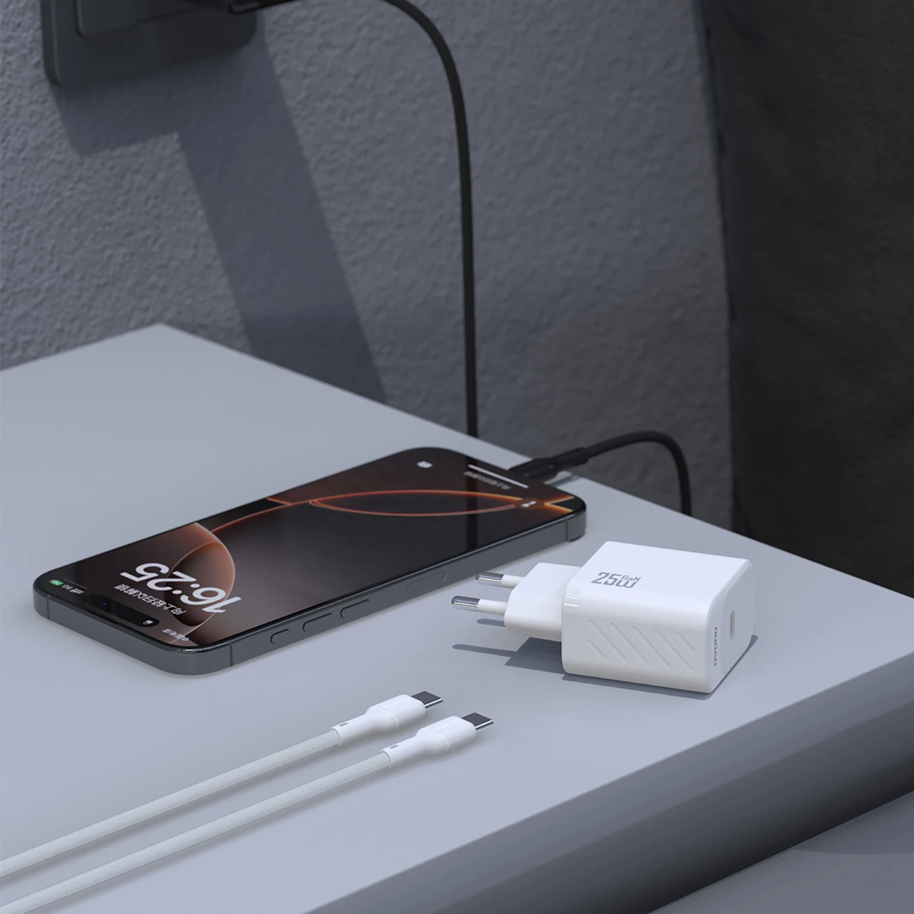Karikues muri GaN, Dudao A27CEU, PD 25W, 1x USB-C, me kabllo USB-C në USB-C 1 m, i bardhë
